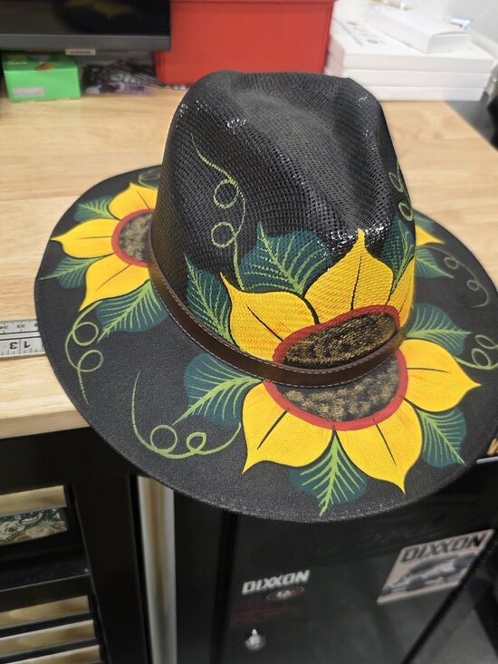 Sunflower Artisan Hat Hand Painted Fedora Floral Bohemian Black Straw SIZE M